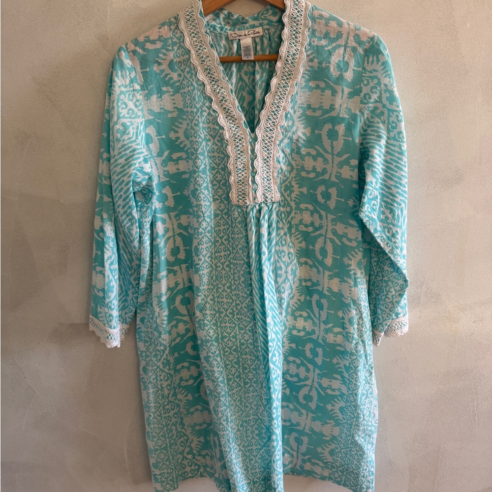 Oscar de la Renta - Teal and White Mini Dress - Size S